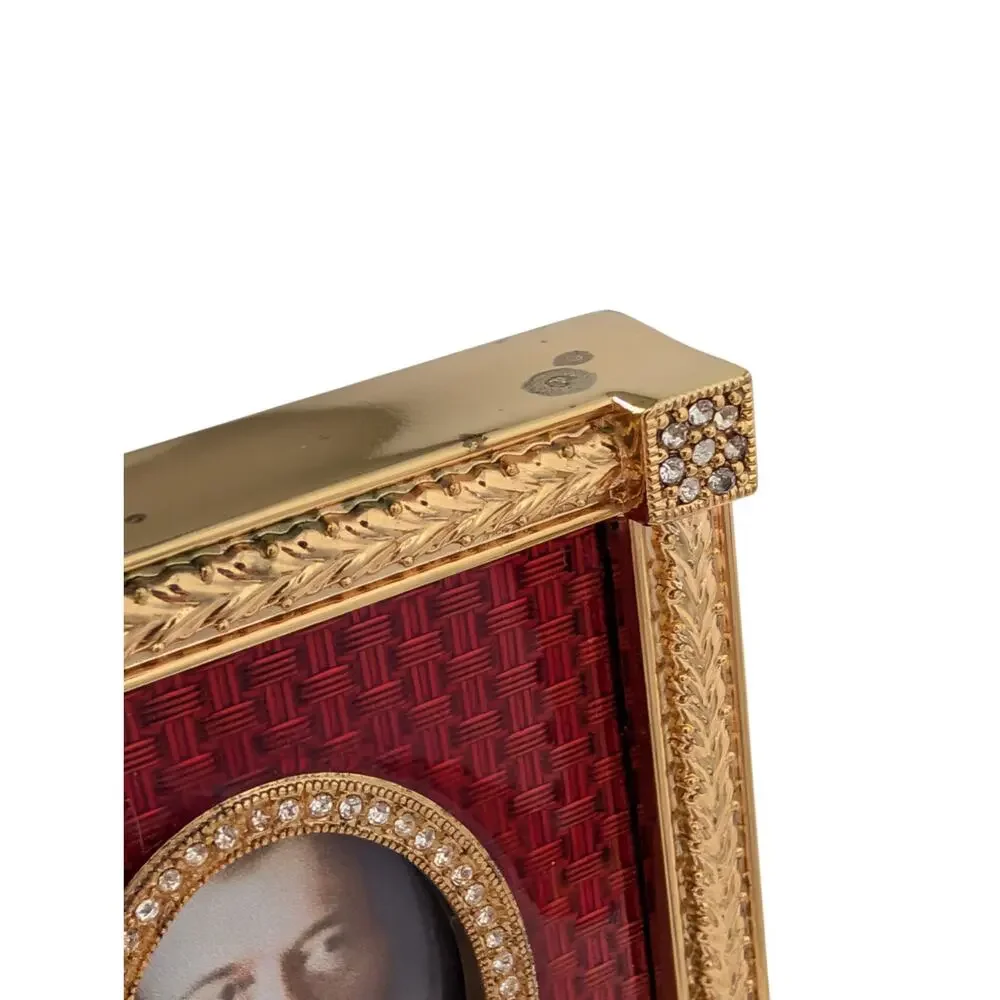 Faberge Red Guilloche Catherine Palace Signed Miniature Picture Frame Gold Plate